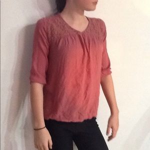 Dark Pink Lace Front Blouse Elbow Sleeves
